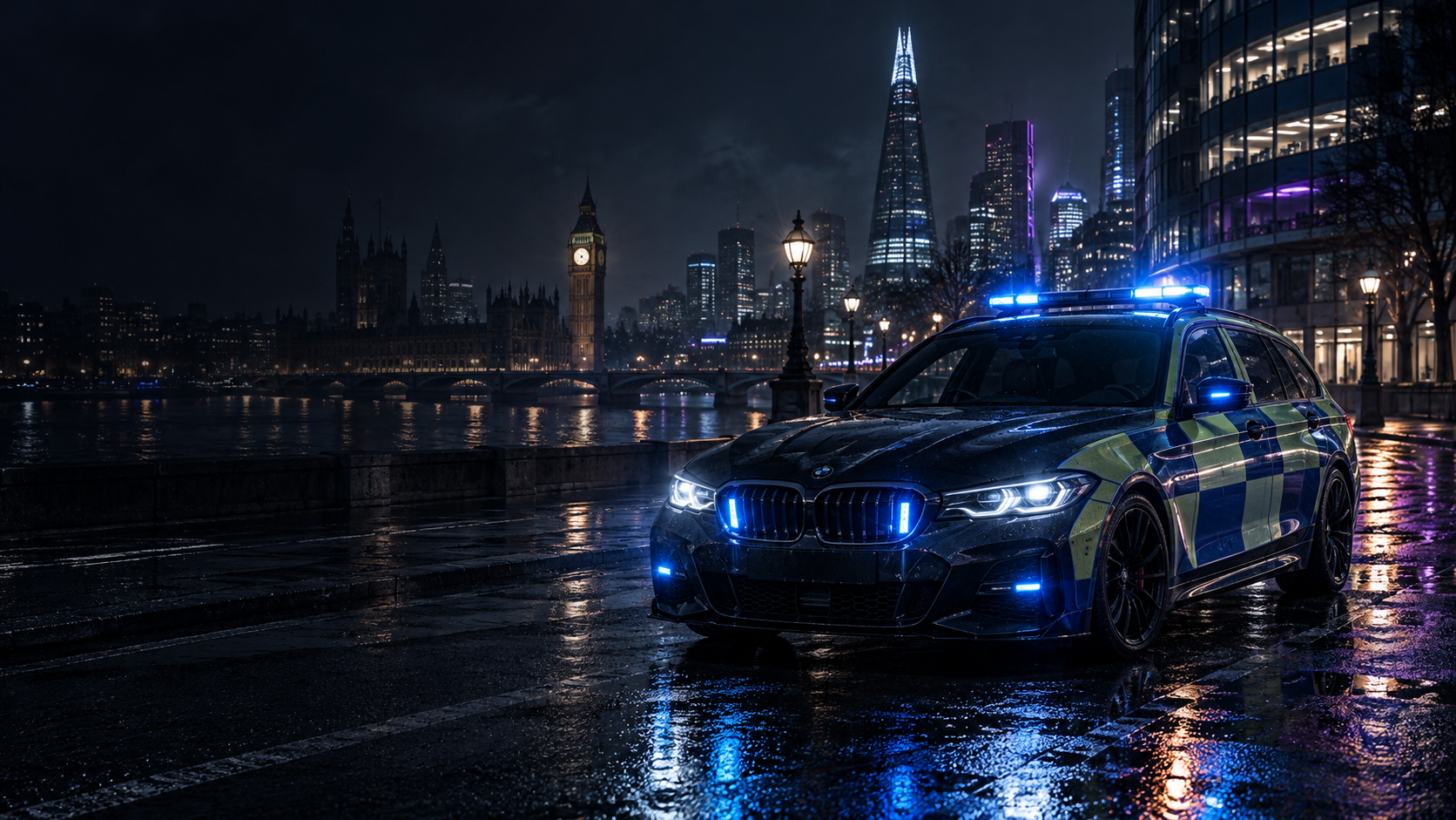 Generated concept of a UK police vehicle with blue emergency lighting at night